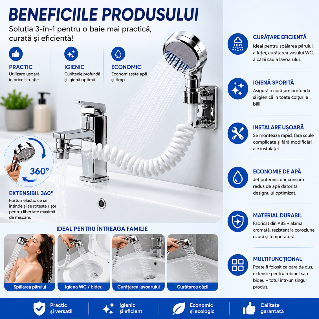 Extensor Robinet 3-în-1 cu Duș Extern Flexibil 360°