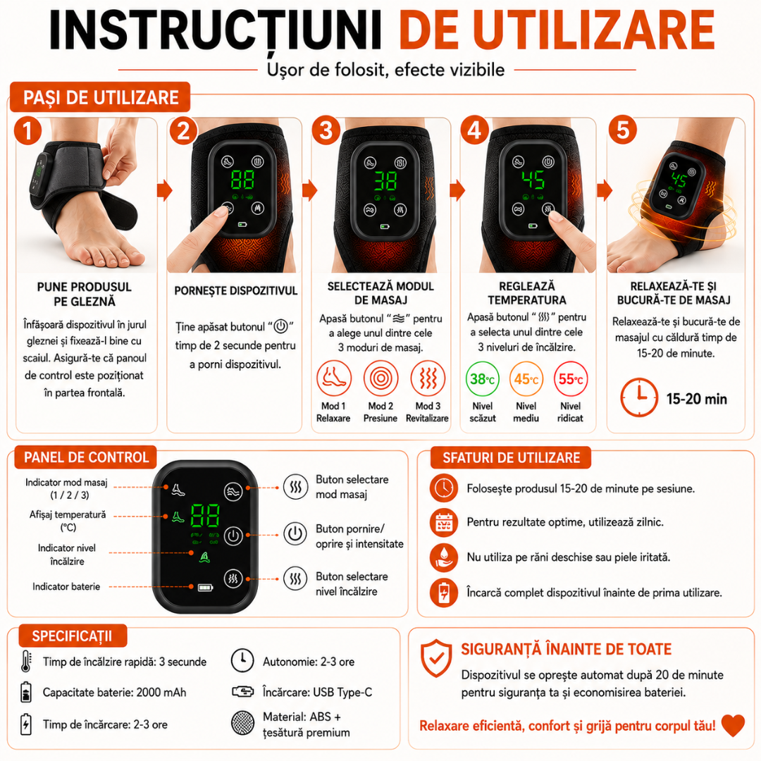 Aparat de Masaj cu Încălzire pentru Gleznă