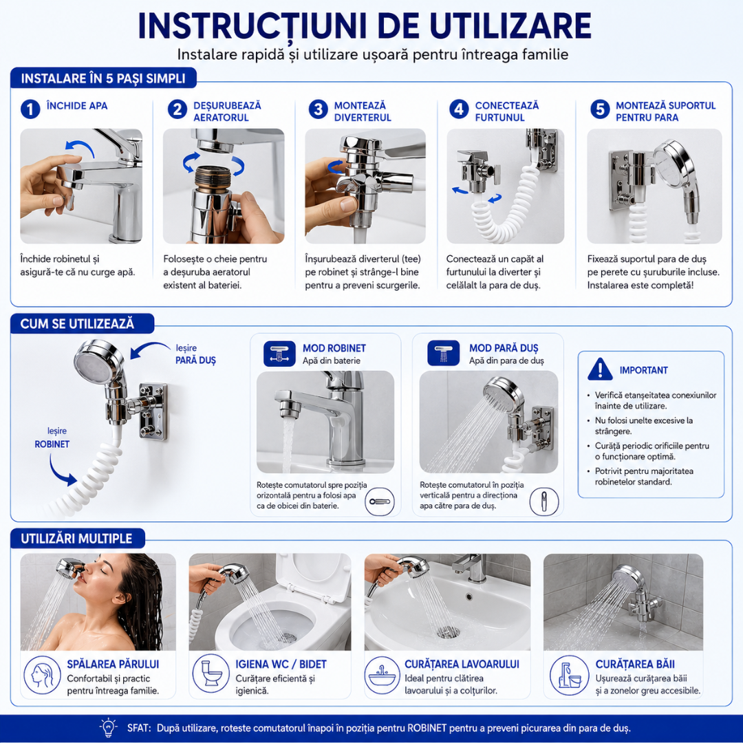 Extensor Robinet 3-în-1 cu Duș Extern Flexibil 360°