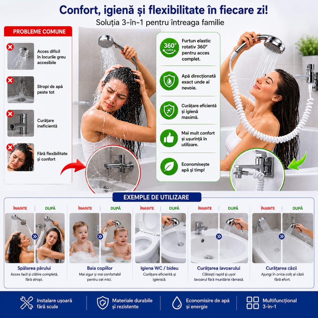 Extensor Robinet 3-în-1 cu Duș Extern Flexibil 360°