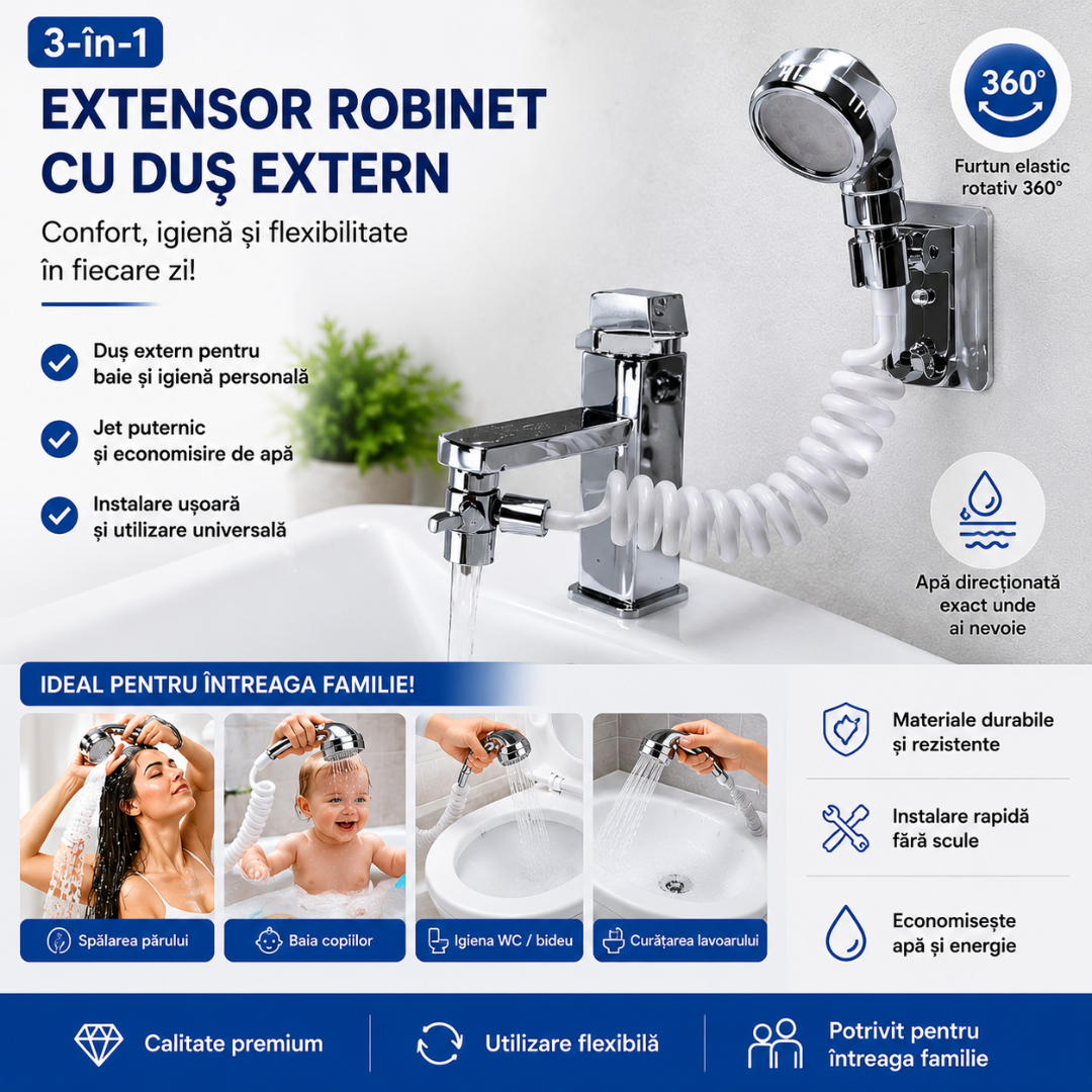 Extensor Robinet 3-în-1 cu Duș Extern Flexibil 360°
